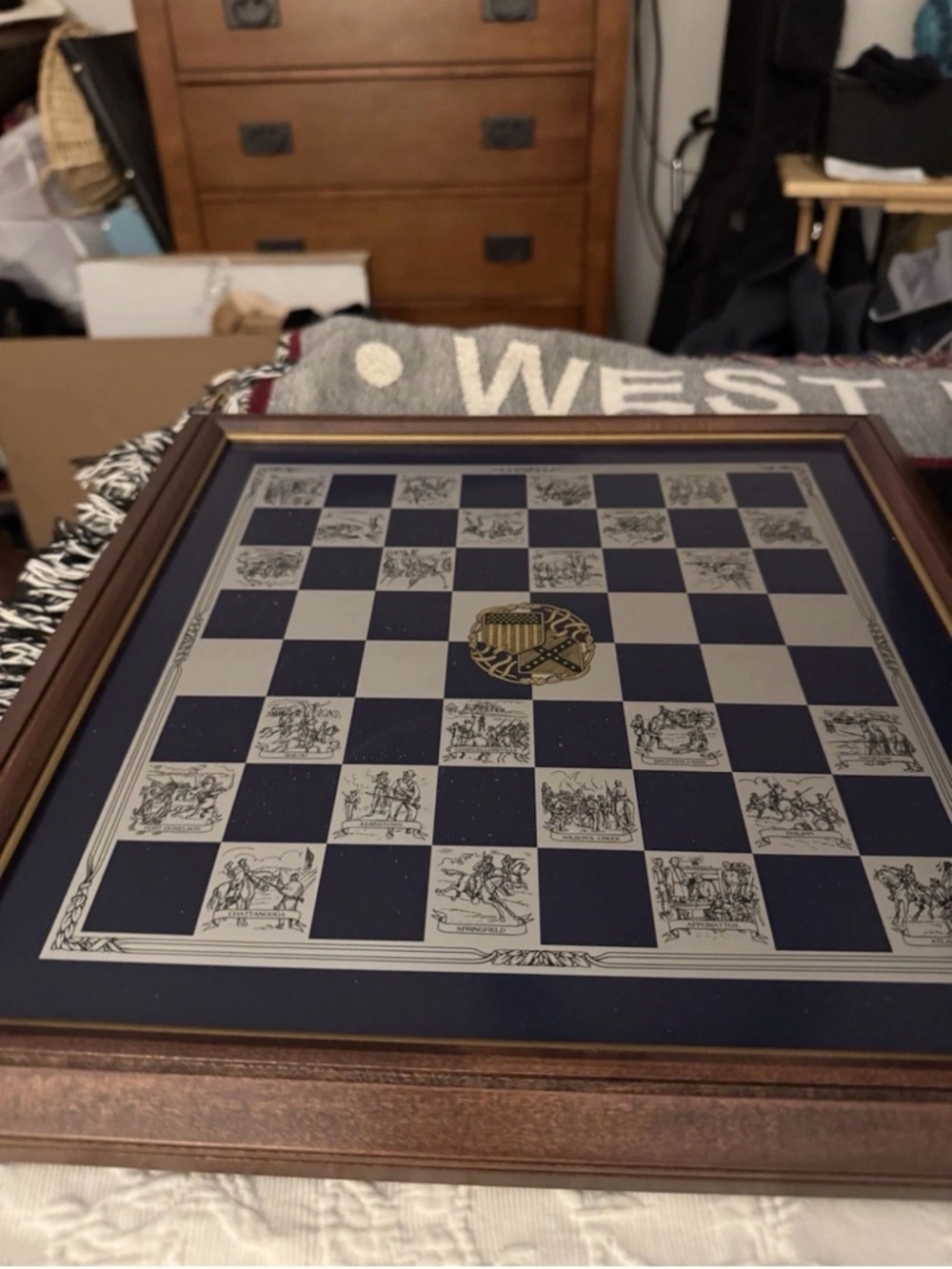 Franklin Mint Navy and Cream Framed Decorative Chess Board